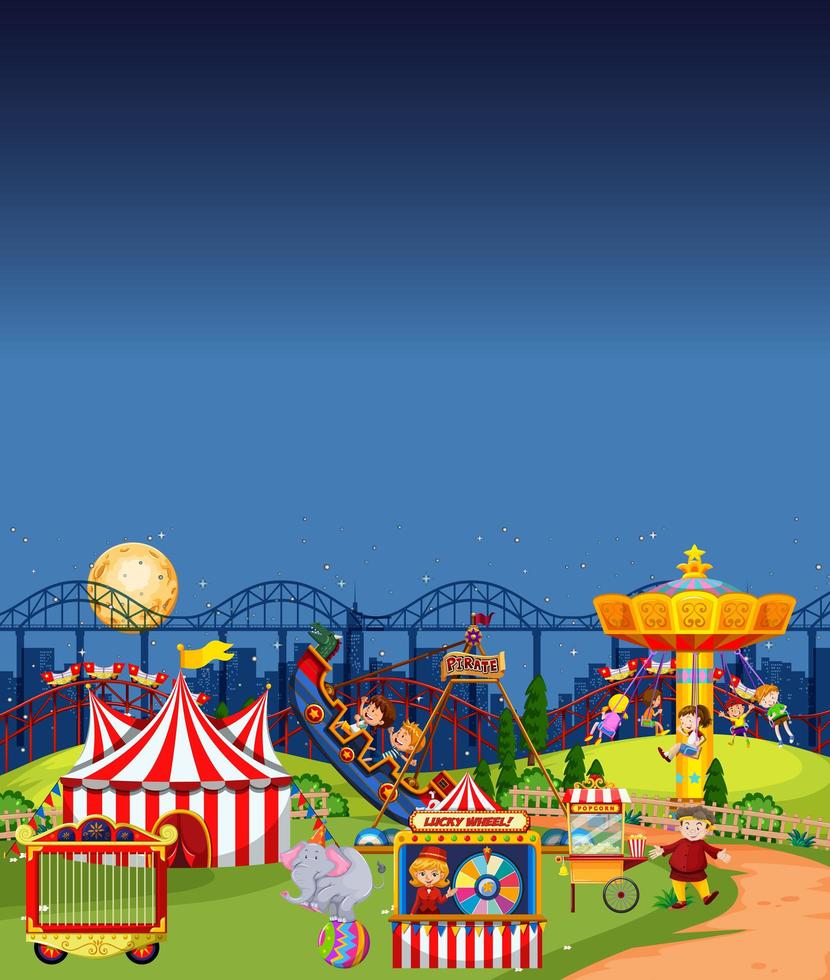 Amusement park scene at night with blank dark blue sky vector