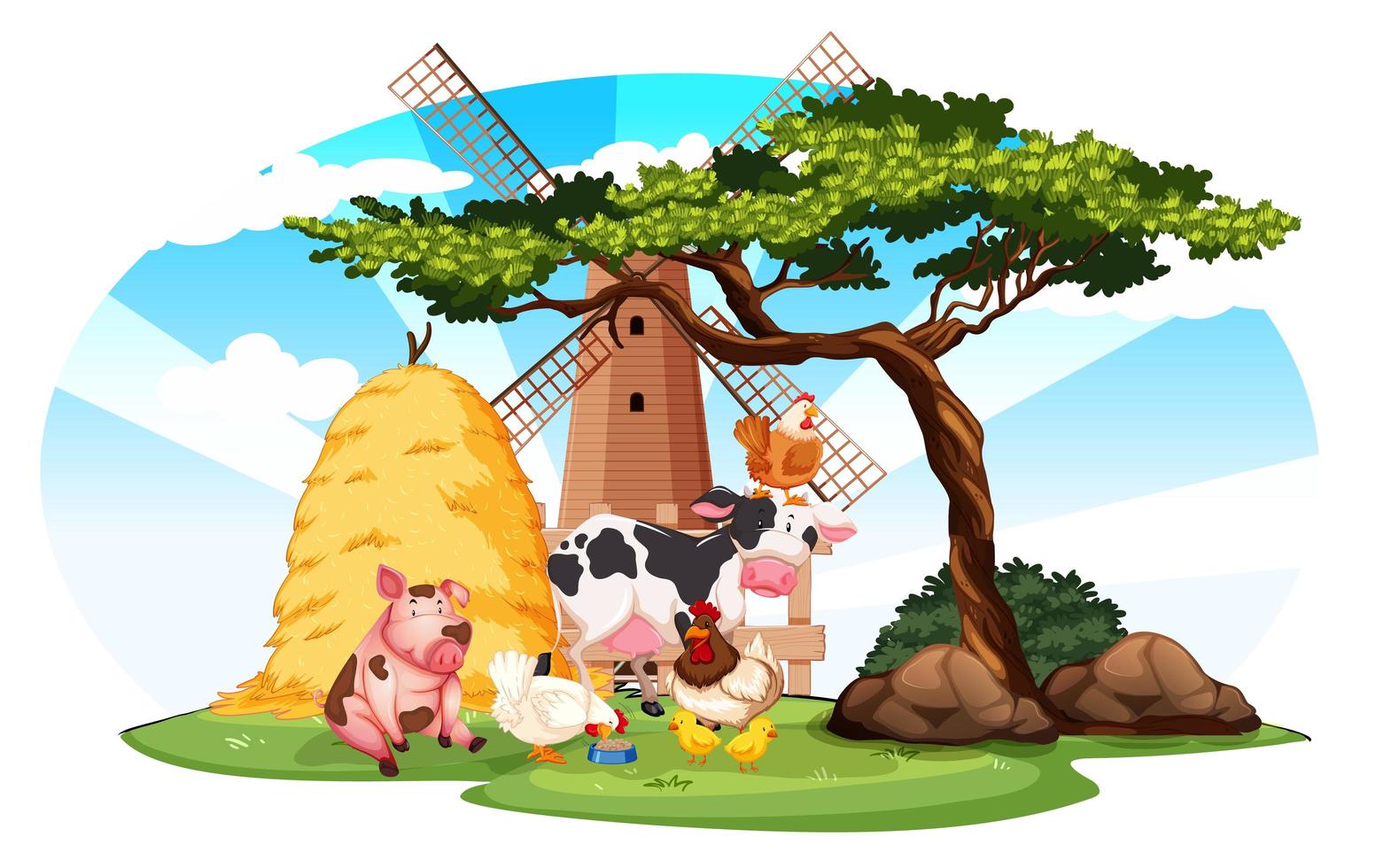 escena de la granja con animales de granja y molino de viento en la granja. vector