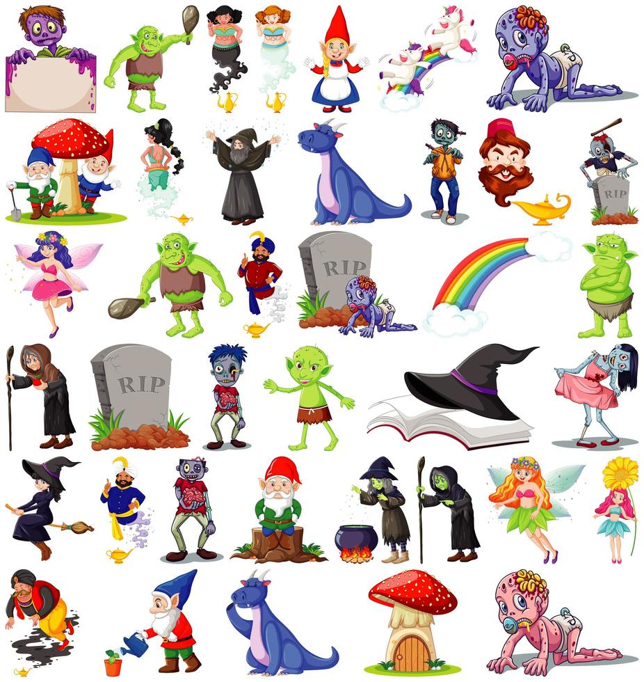 Set of fantasy cartoon characters and fantasy theme isolated on white background vector