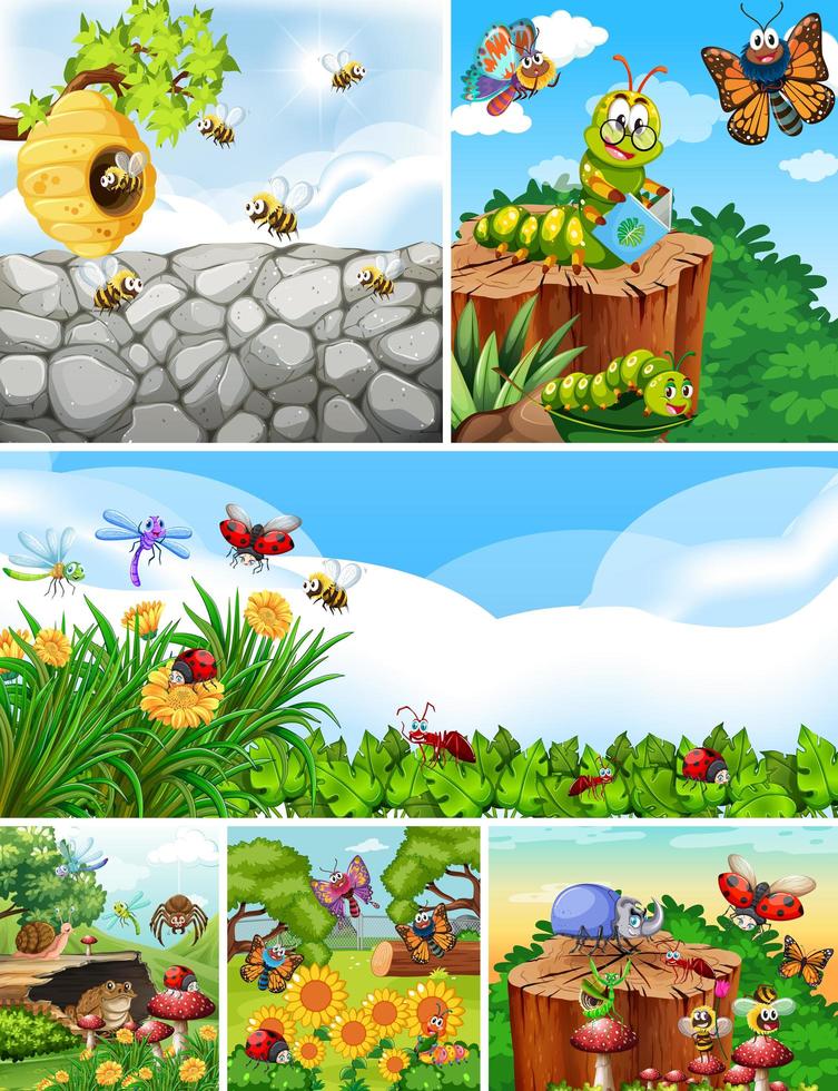 Set of different insects living in the garden background vector