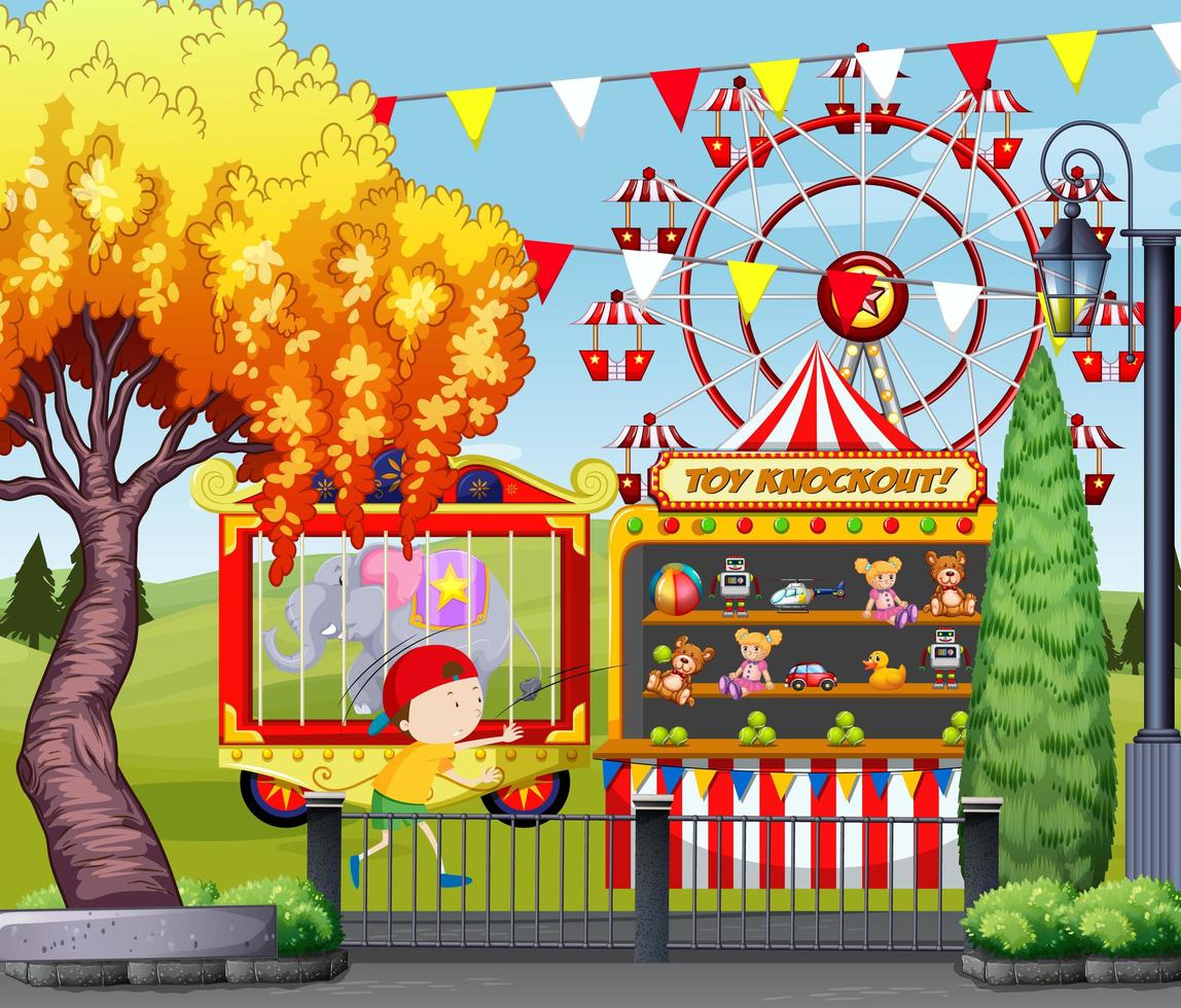 Theme amusement park scene ferris wheel with kid and toy knockout vector