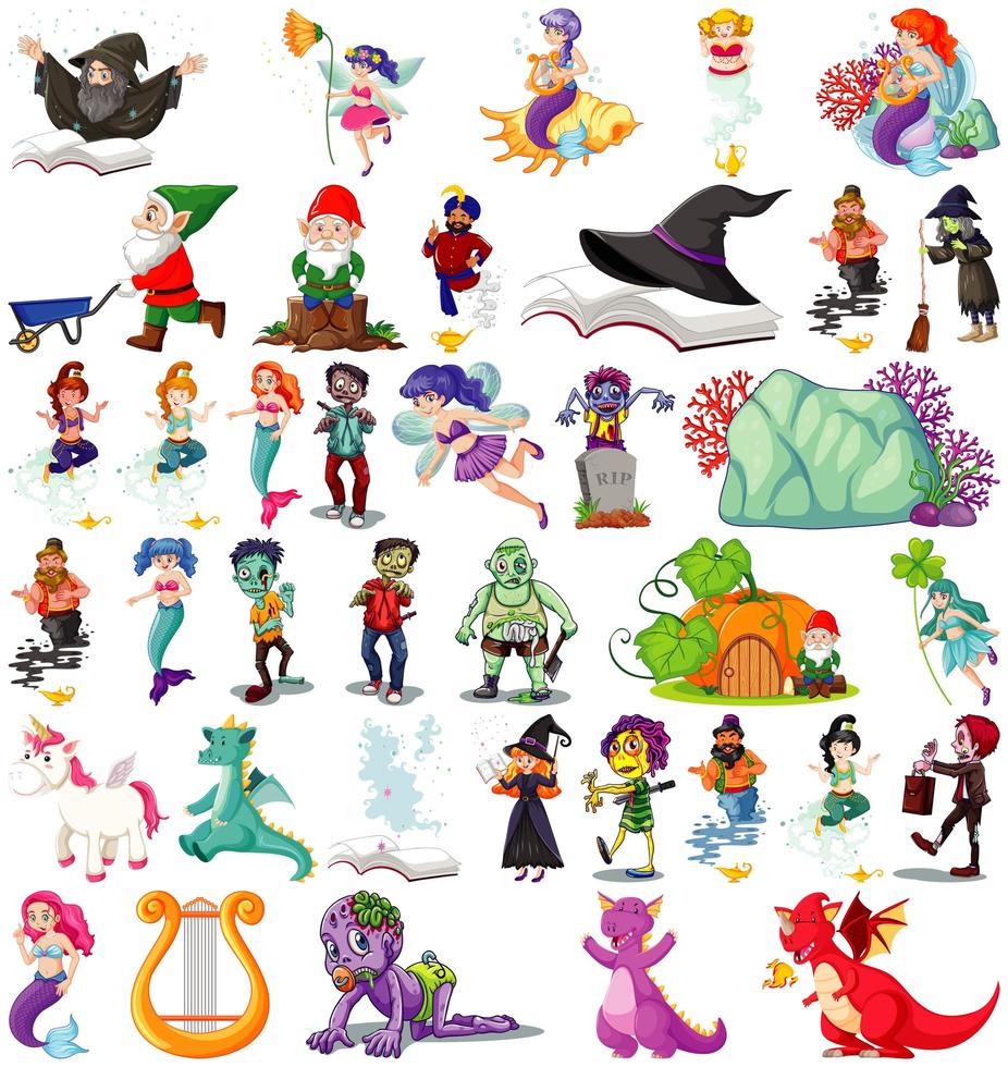 Set of fantasy cartoon characters and fantasy theme isolated on white background vector