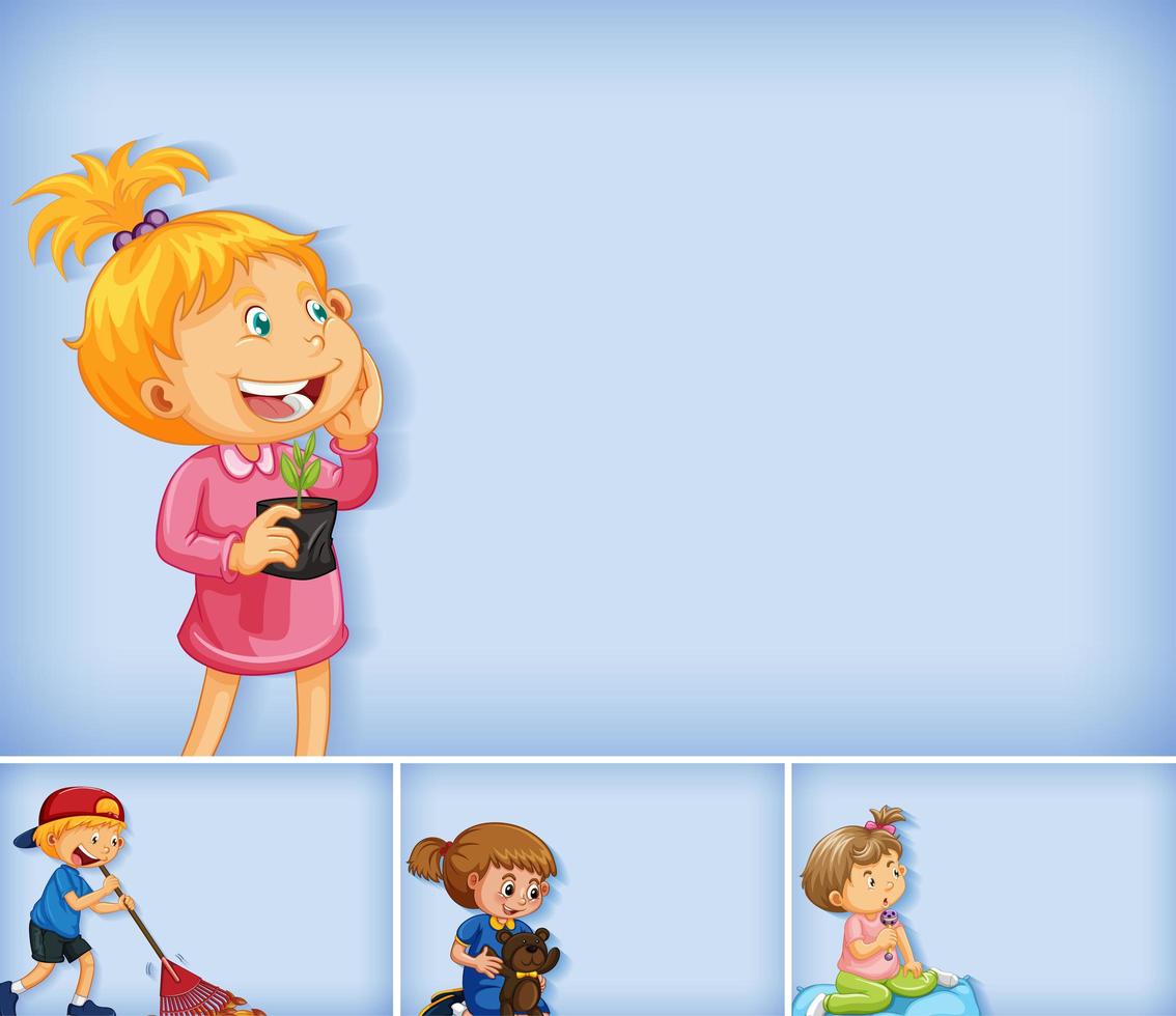 Set of different kid characters on blue color background vector