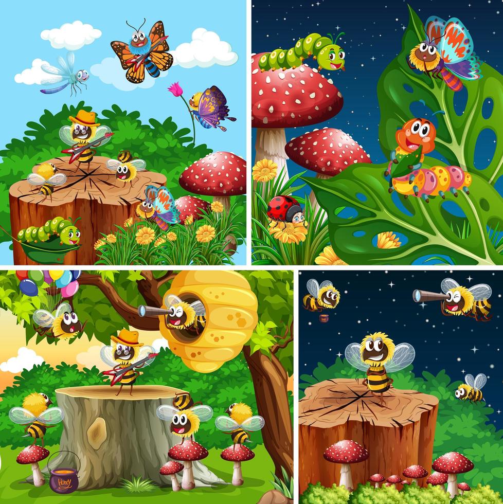 Set of different insects living in the garden background vector