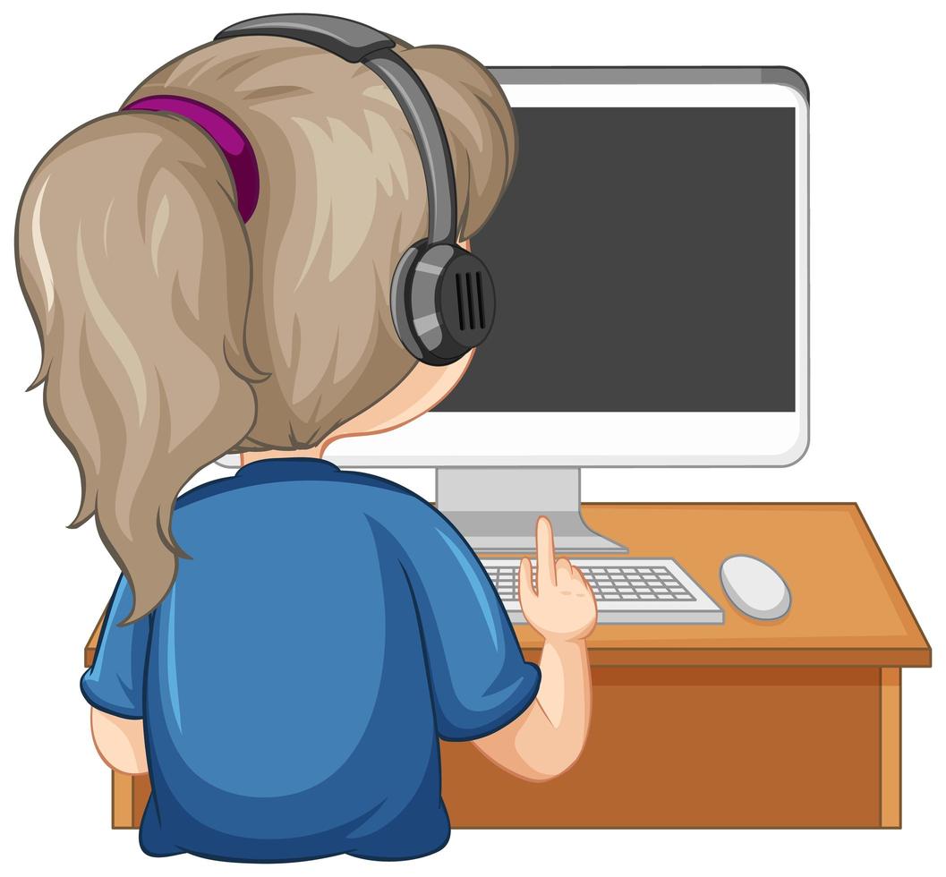 Back view of a girl with computer on the table on white background vector