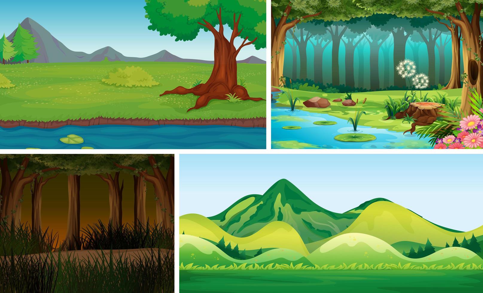 cuatro escenas de la naturaleza diferente del estilo de dibujos animados de bosque y pantano vector