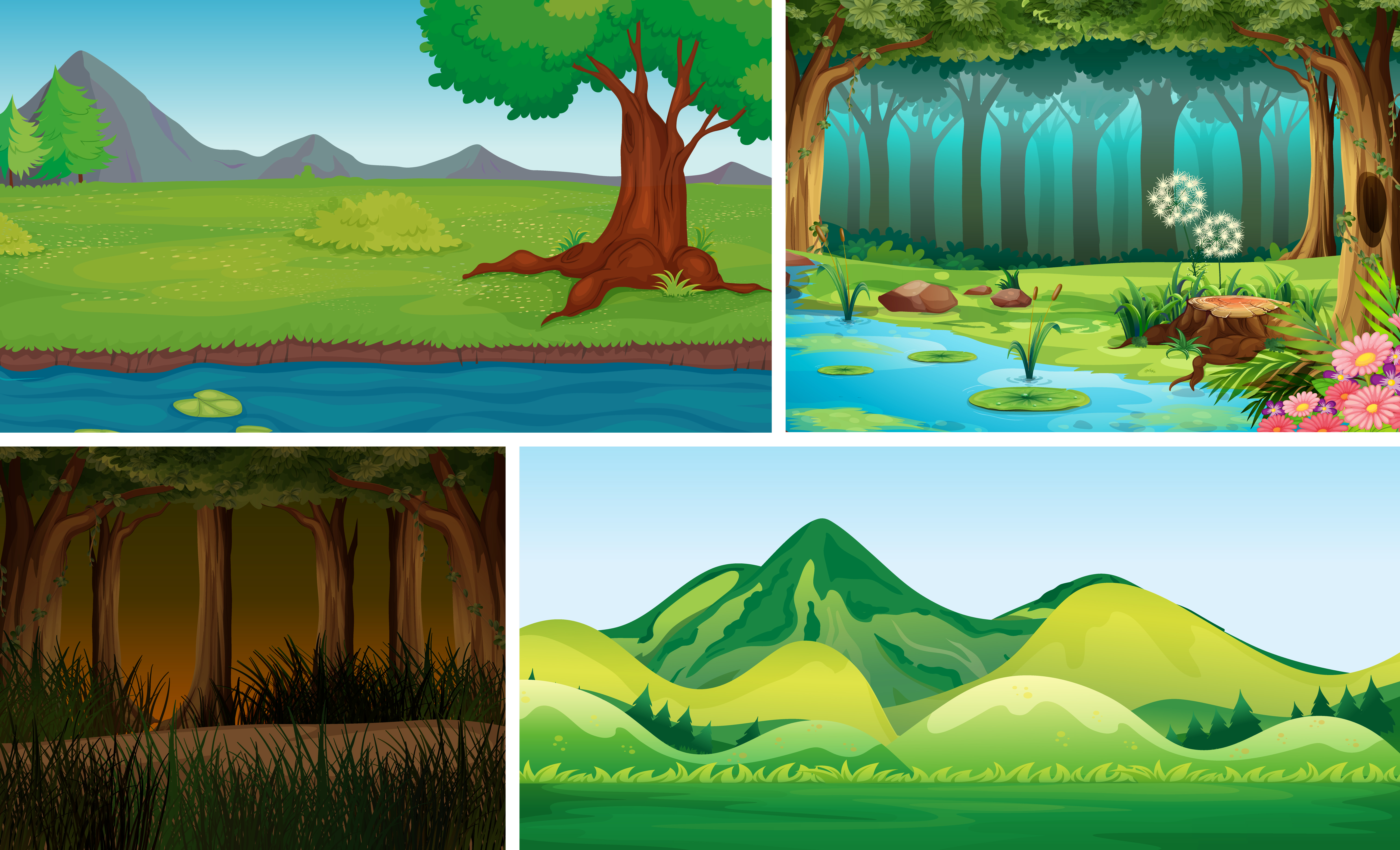 Four different nature scene of forest and swamp cartoon style 1503761  Vector Art at Vecteezy