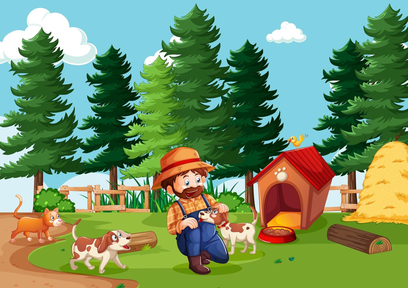 Farmer with animal farm in farm scene in cartoon style vector