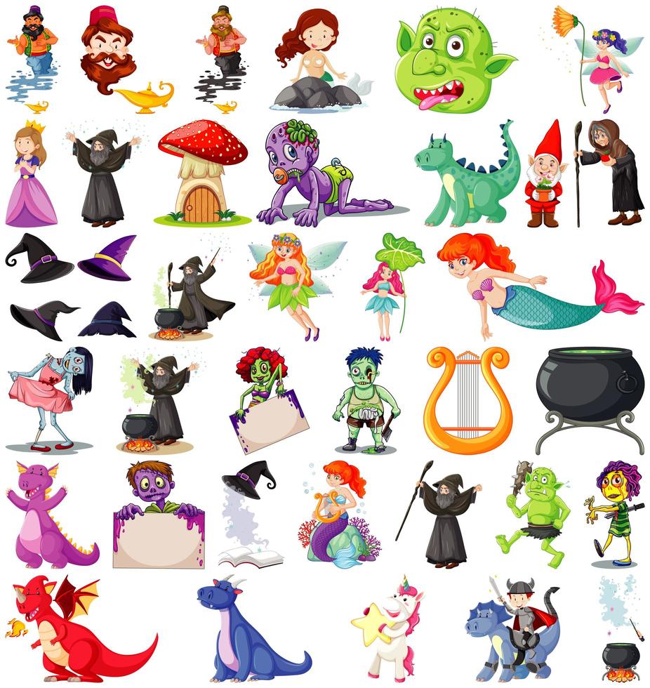 conjunto de personajes de dibujos animados de fantasía y tema de fantasía aislado sobre fondo blanco vector