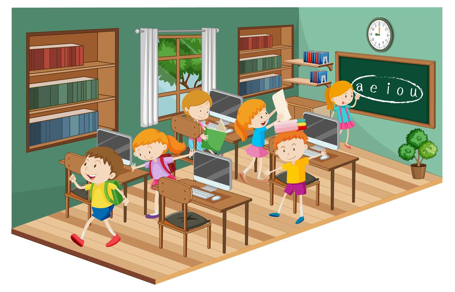 Students in the classroom with many computers vector