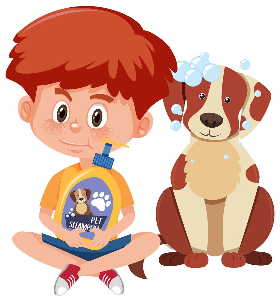 Boy holding dog shampoo product with cute dog on white background vector