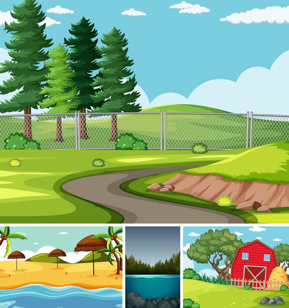 Four different scenes in nature setting cartoon style vector