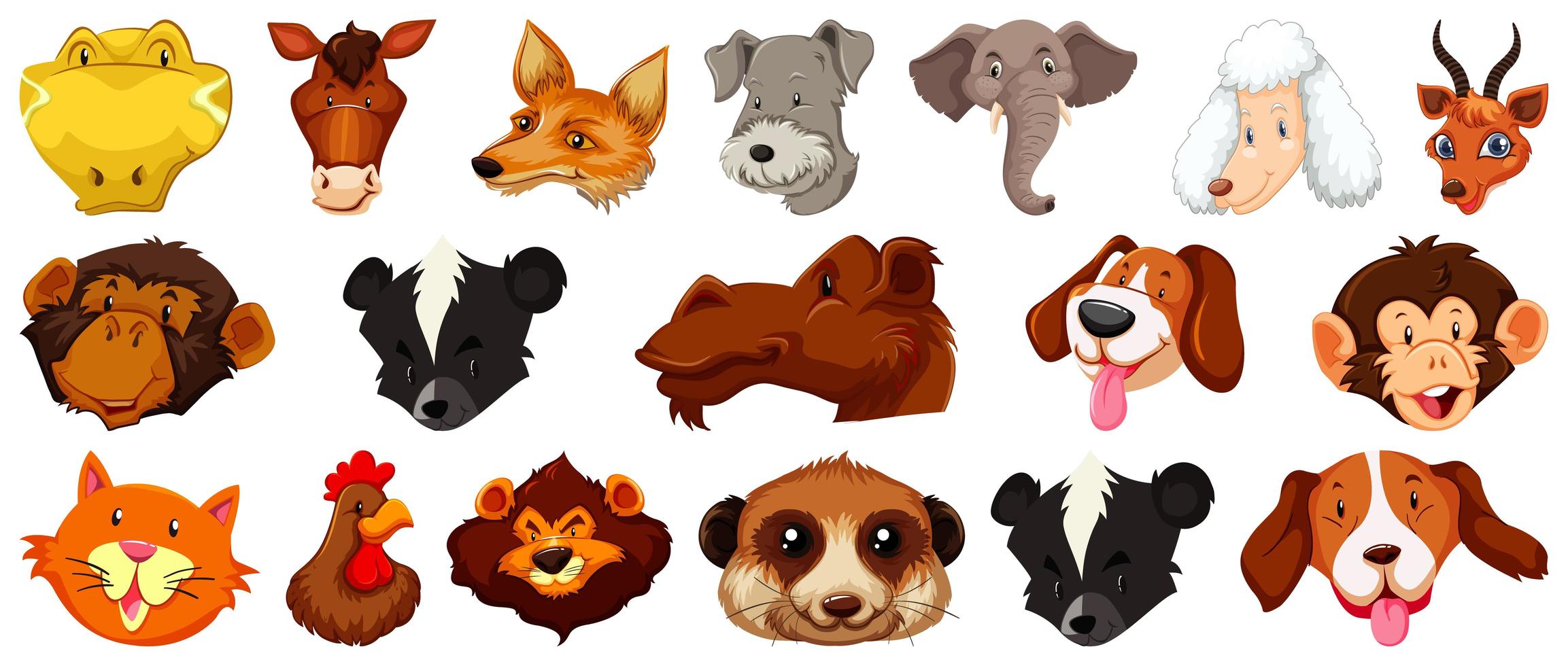 Set of different cute cartoon animals head huge isolated on white background vector