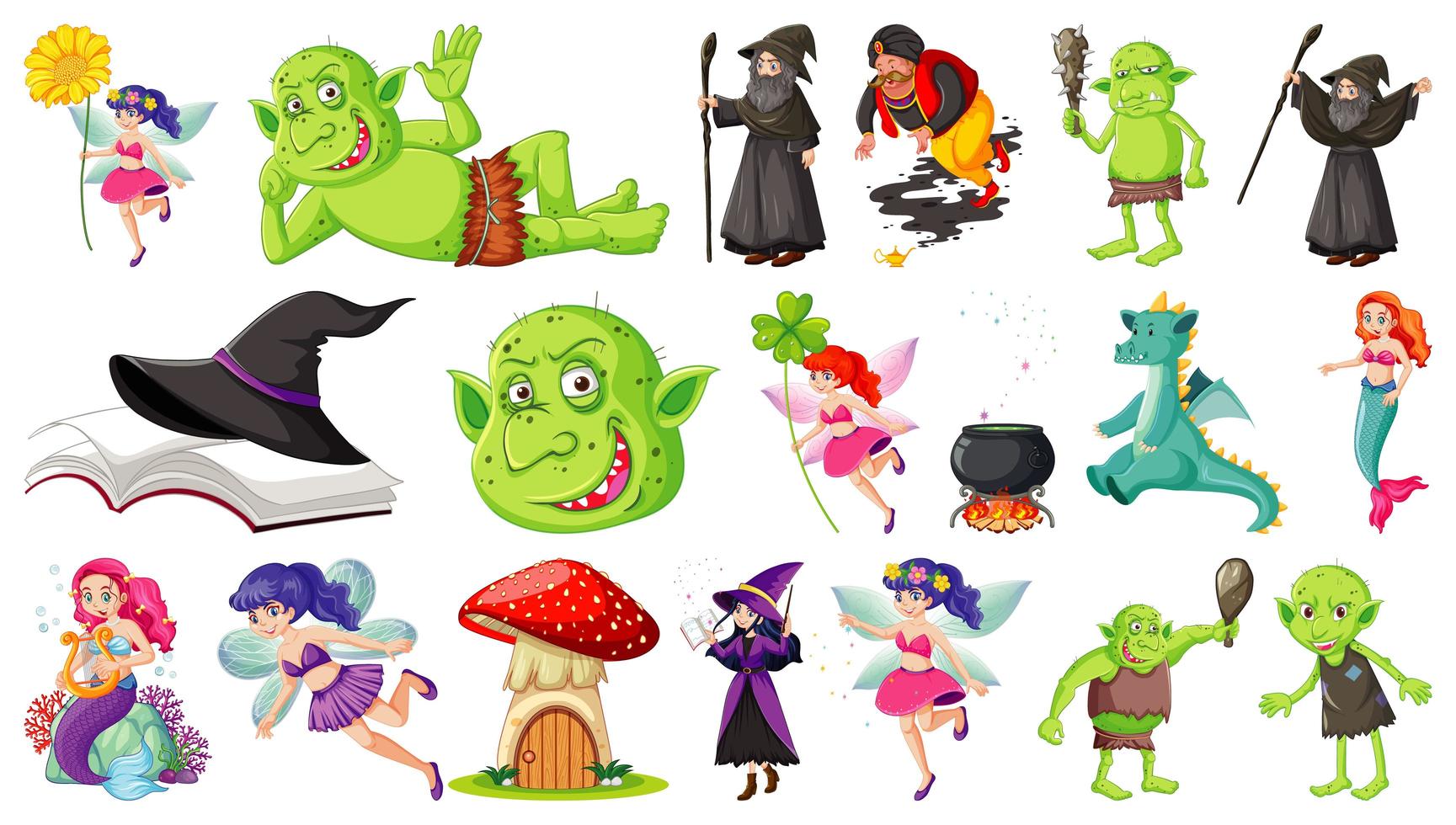 Set of fantasy cartoon characters and fantasy theme isolated on white background vector