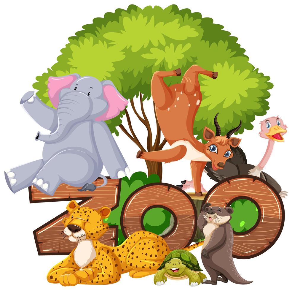 grupo de animales debajo del árbol con signo zoológico vector