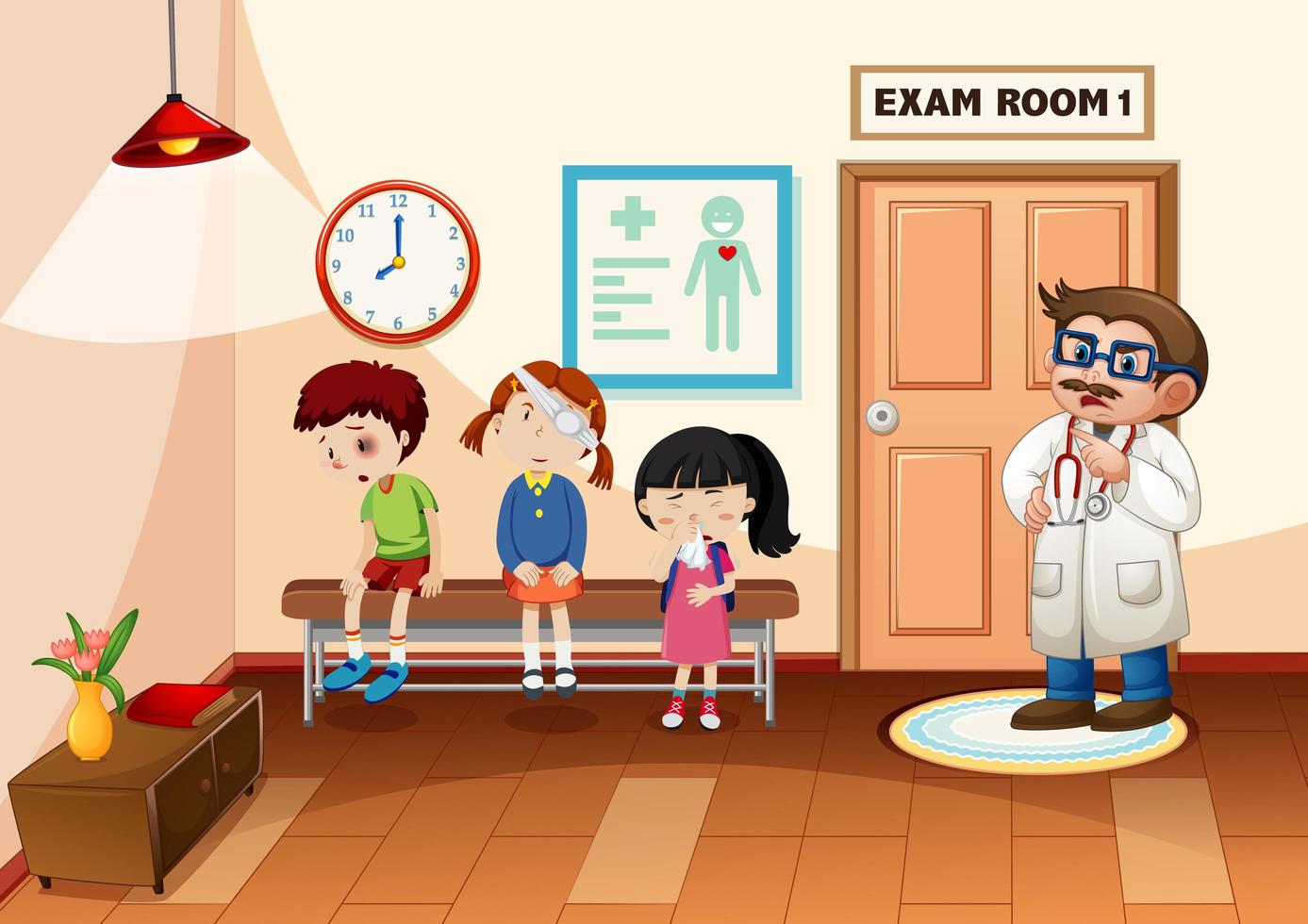 Kid in the hospital with a doctor scene vector