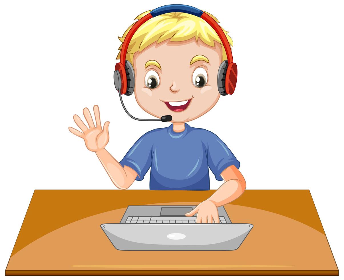 A boy with laptop on the table on white background vector