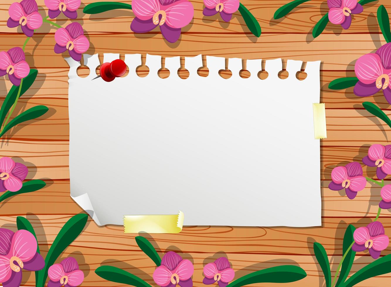 Top view of blank paper on table with leaves and pink orchids elements vector