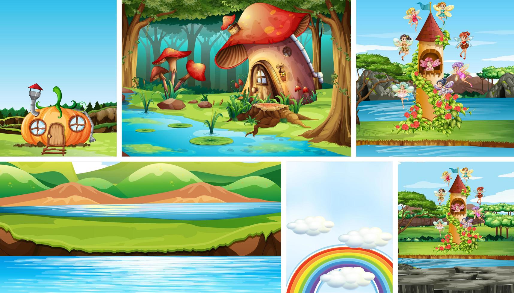 Six different scene of fantasy world with fantasy places and fantasy characters vector