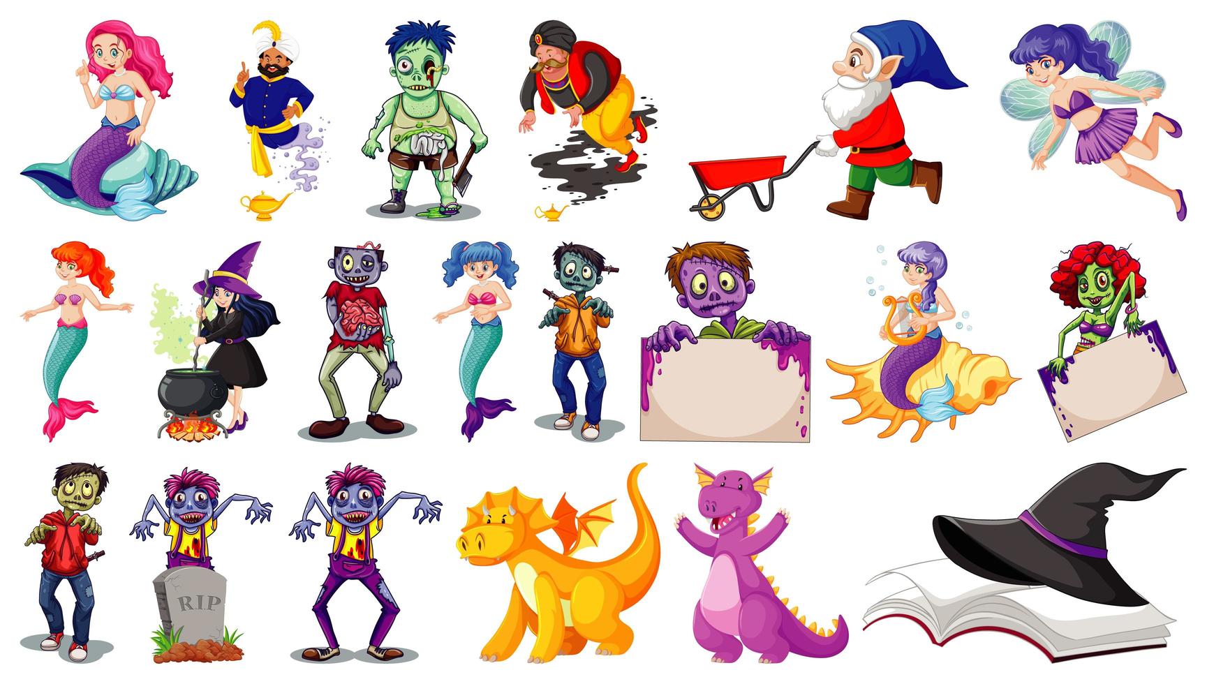 Set of fantasy cartoon characters and fantasy theme isolated on white background vector