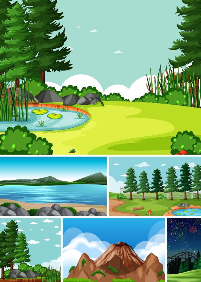 Six different scenes in nature setting cartoon style vector