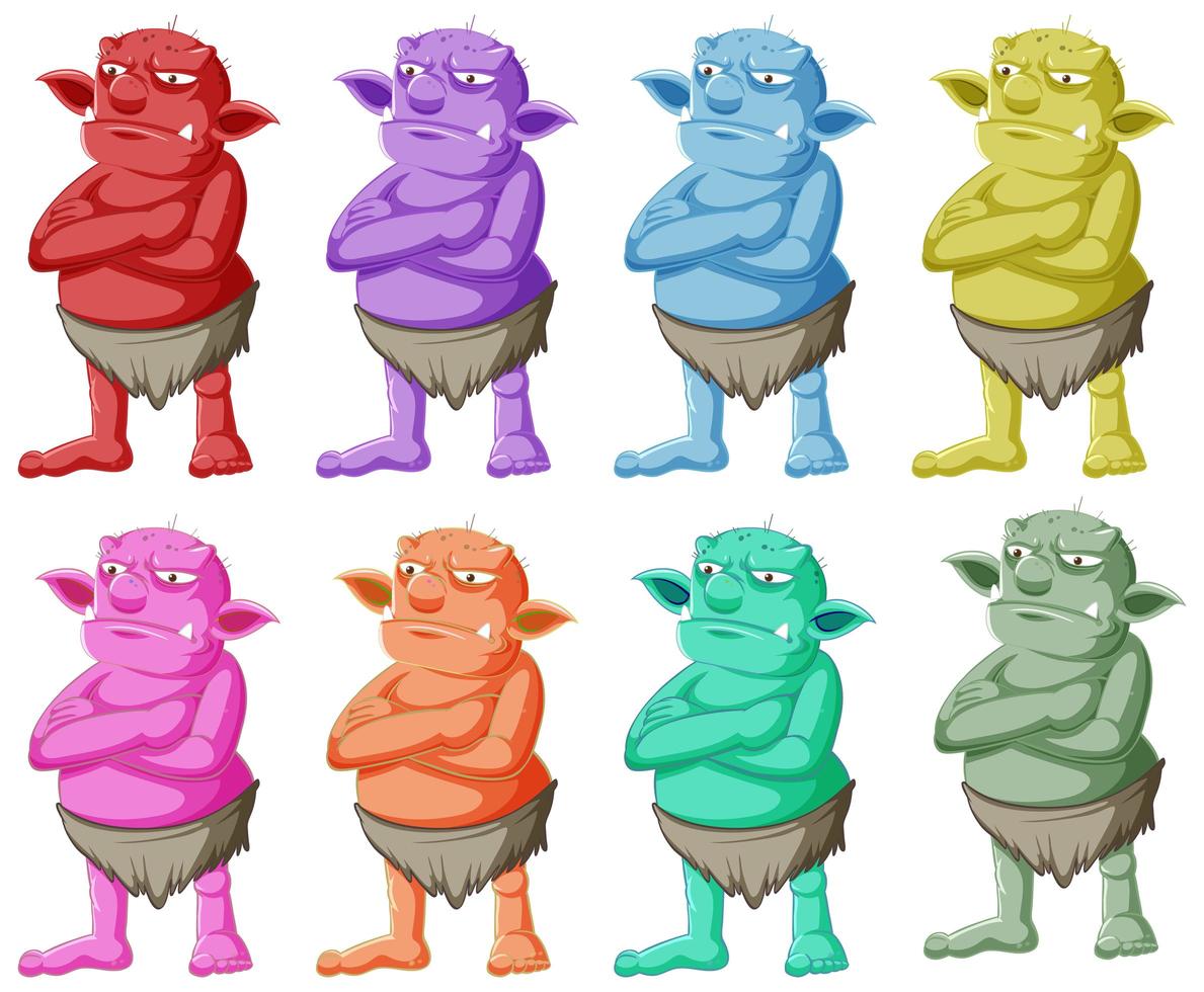 Conjunto de coloridos duendes o troll pose de pie con cara de ira en personaje de dibujos animados aislado vector