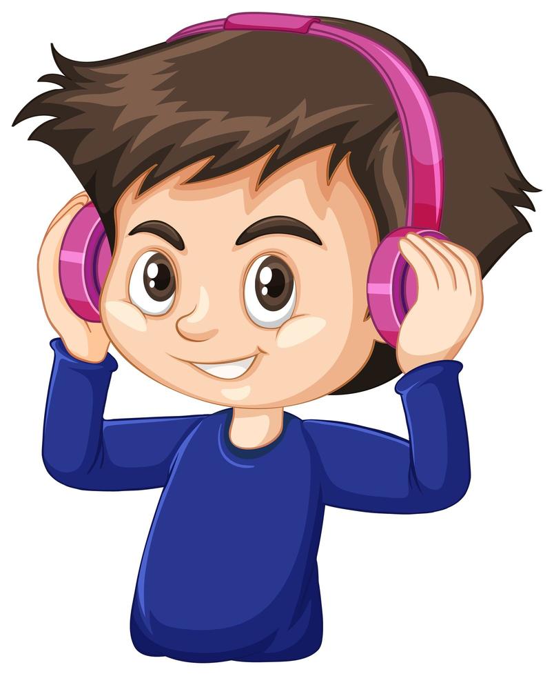 niño con camisa azul con auriculares aislado personaje de dibujos animados vector