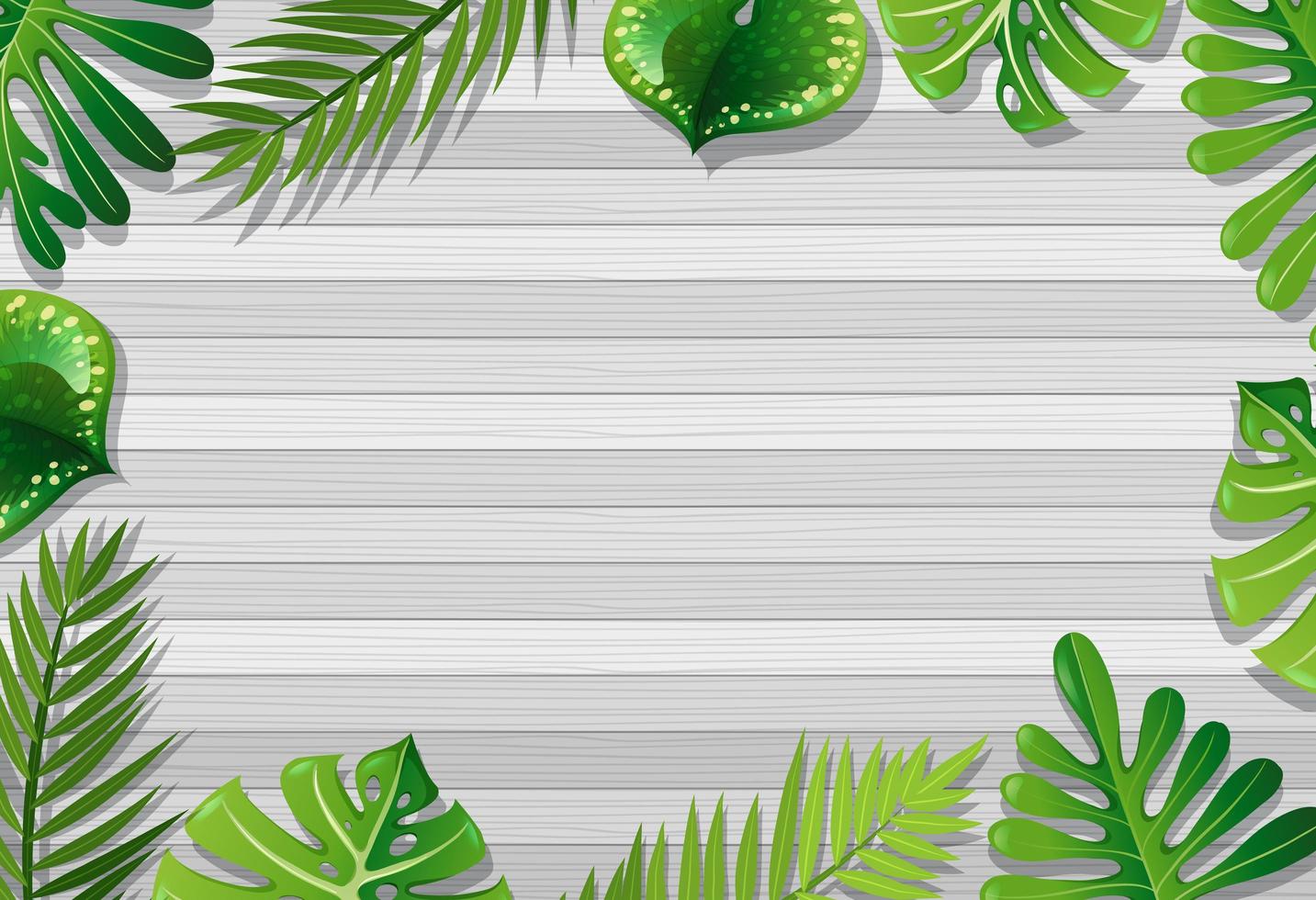 Top view of blank wooden table with leaves elements vector