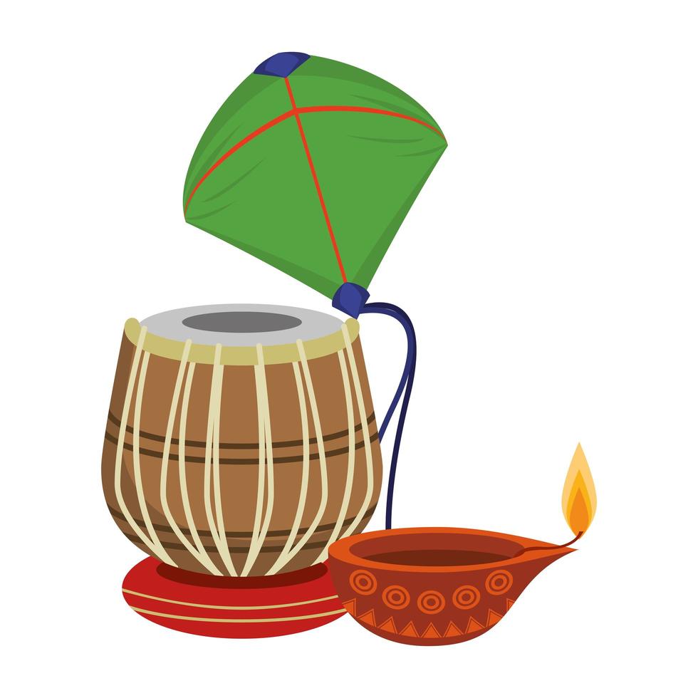 Indian tabla drum with kite and oil candle vector