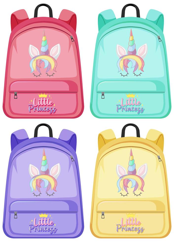 conjunto de mochila unicornio vector