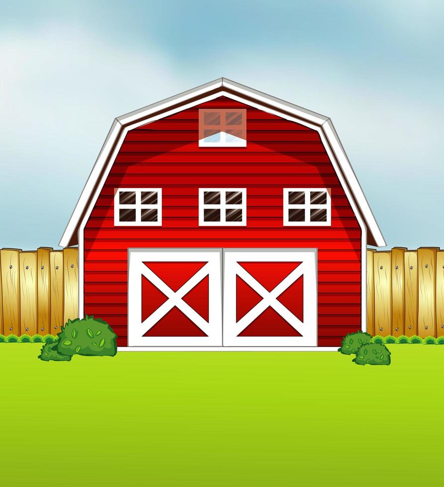 Red barn cartoon style on green and sky background vector