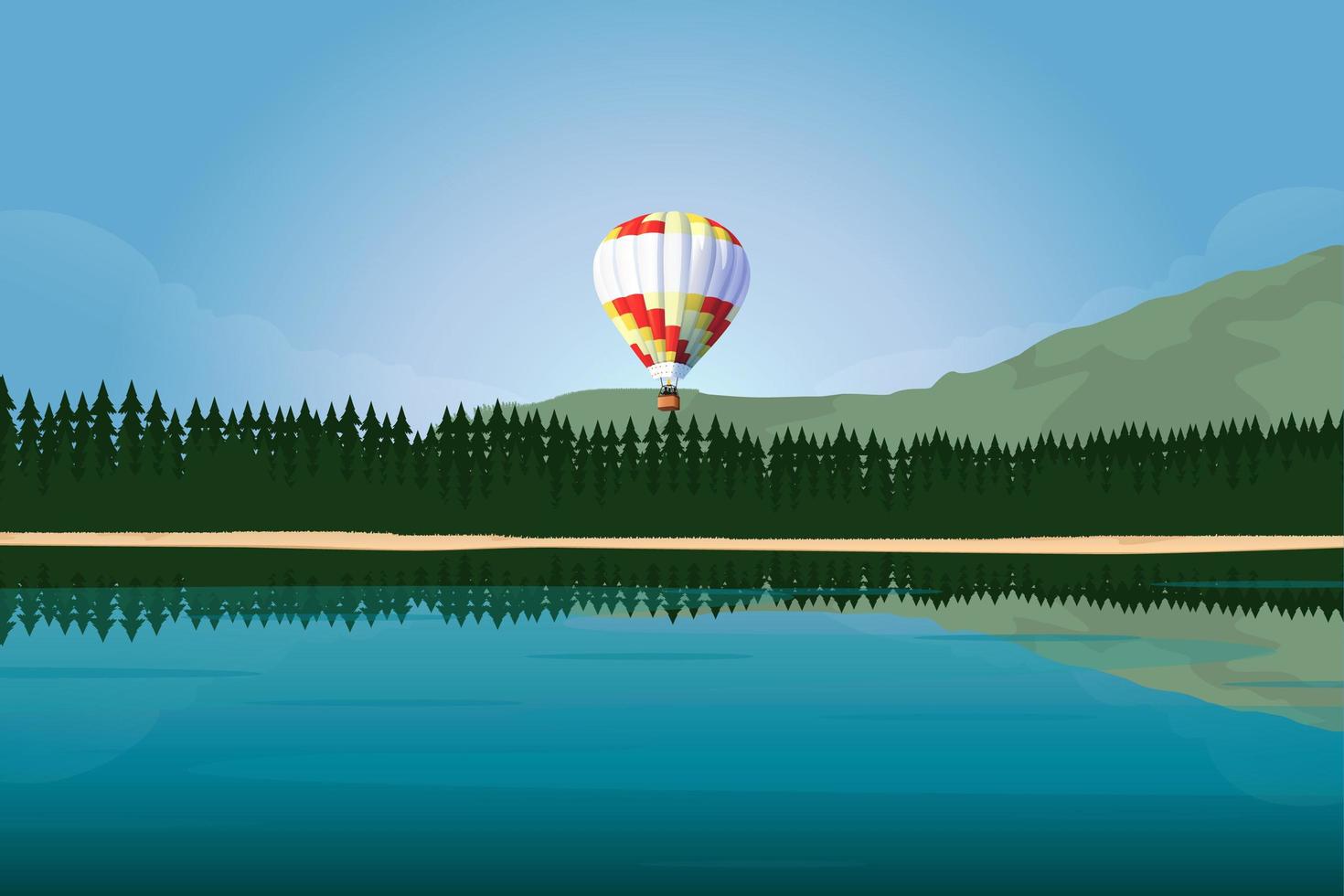 Hot air balloon flies over lake and coniferous forest vector