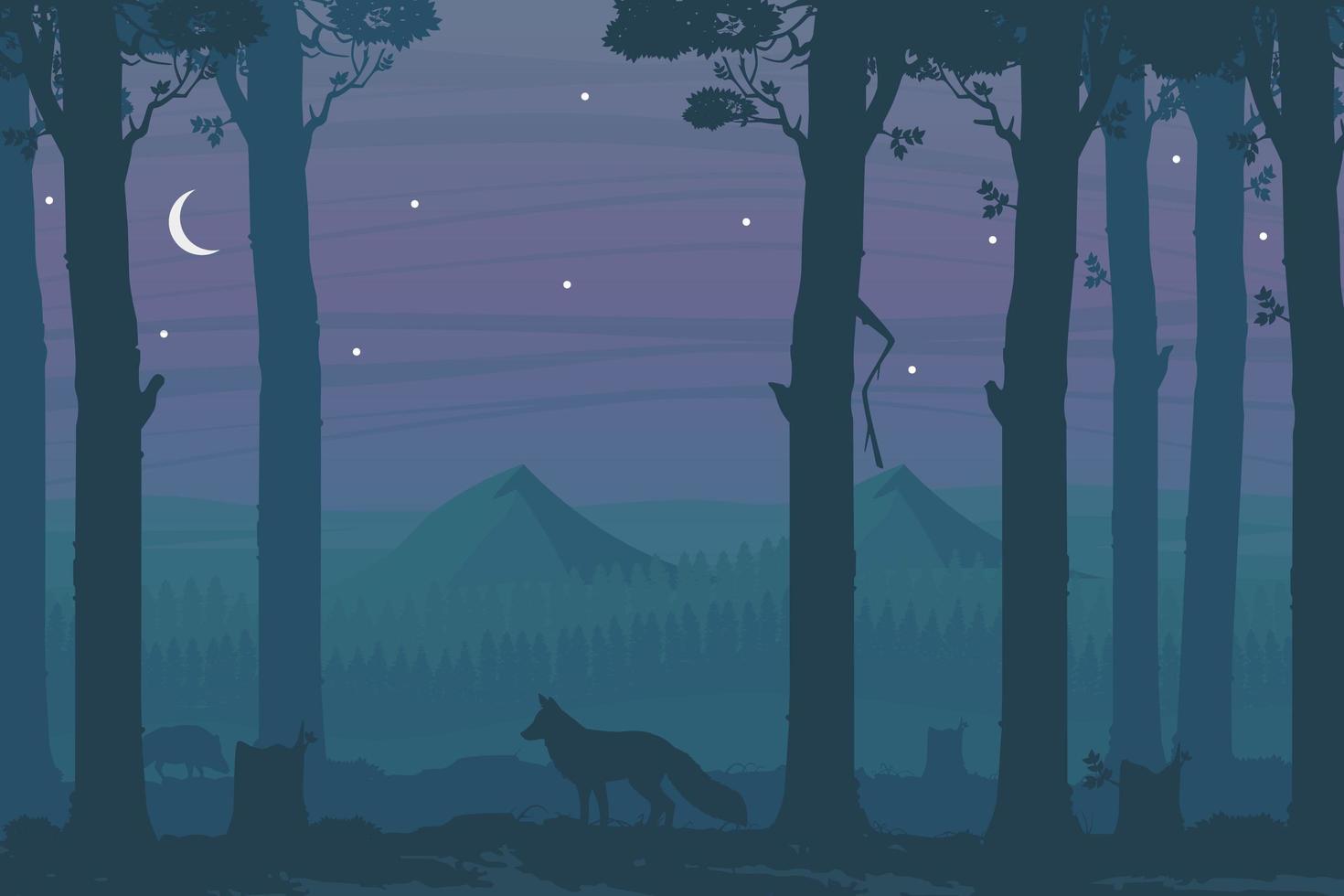 Escena nocturna horizontal con bosque caducifolio, zorro vector