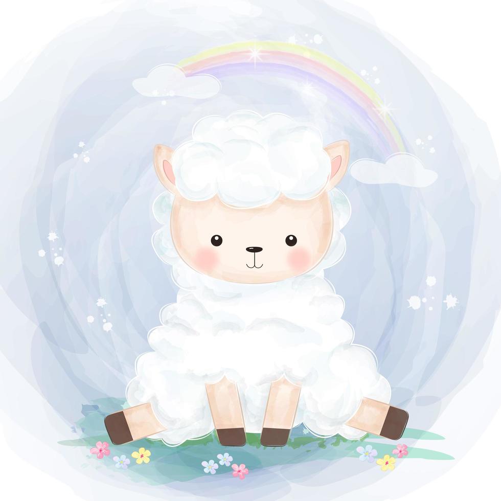 Cute baby lamb with rainbow watercolor vector