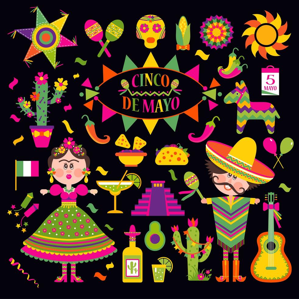 Cinco de Mayo set with Mexican icons vector