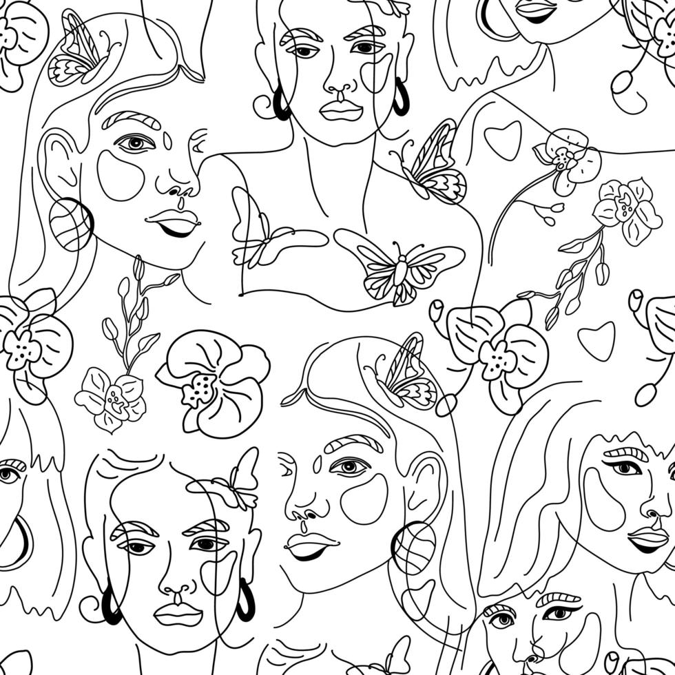 Female faces, minimal line style pattern vector