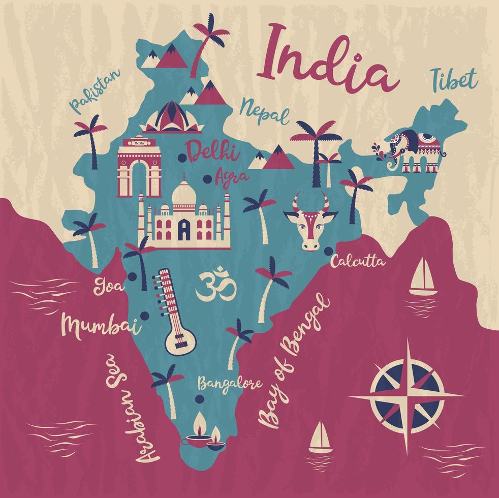 mapa de india con símbolos indios vector