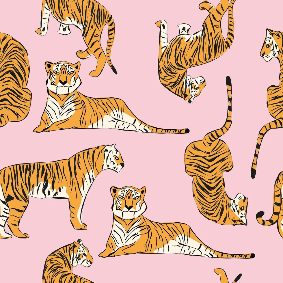 Hand drawn tiger seamless pattern vector