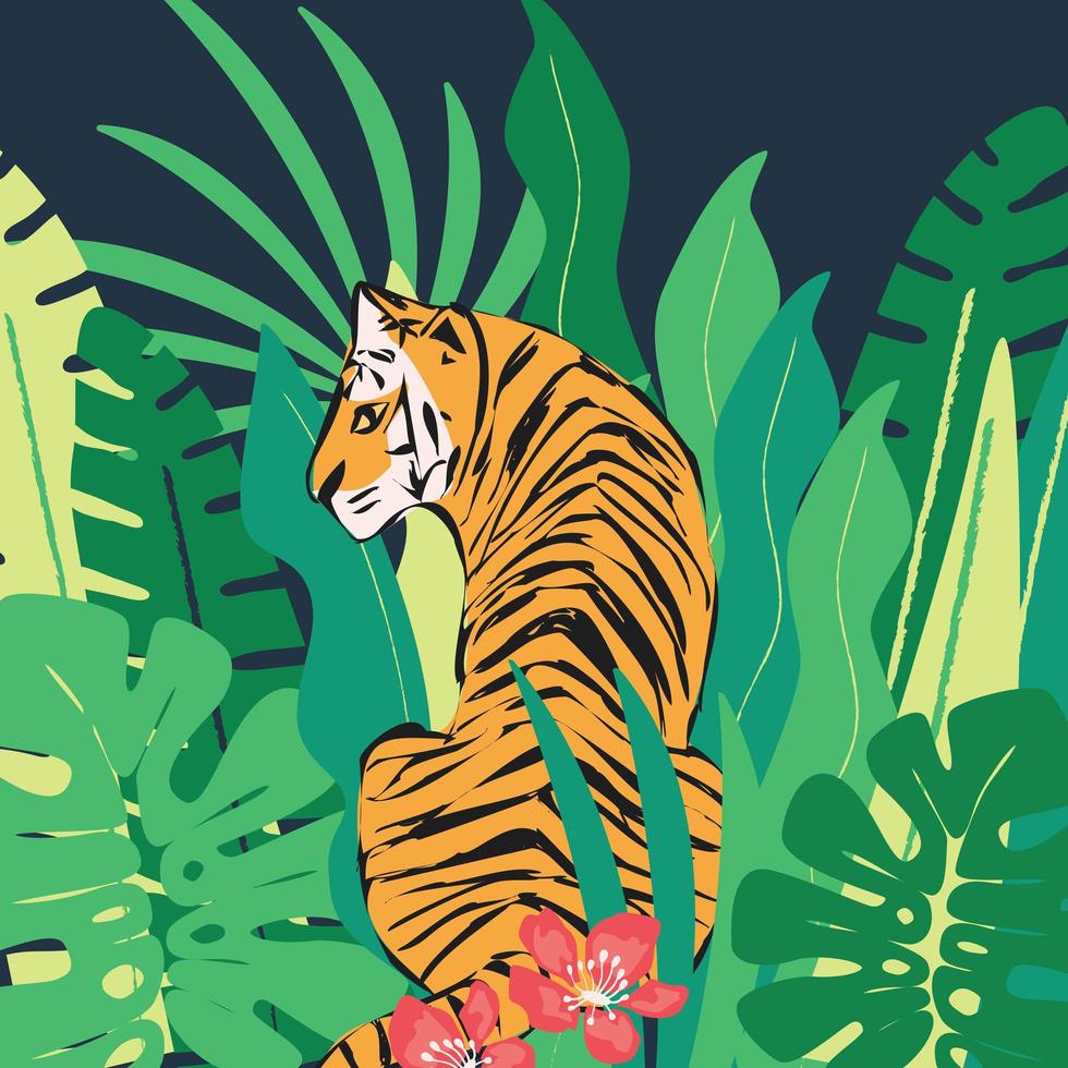 Hand drawn tiger with exotic tropical leaves vector