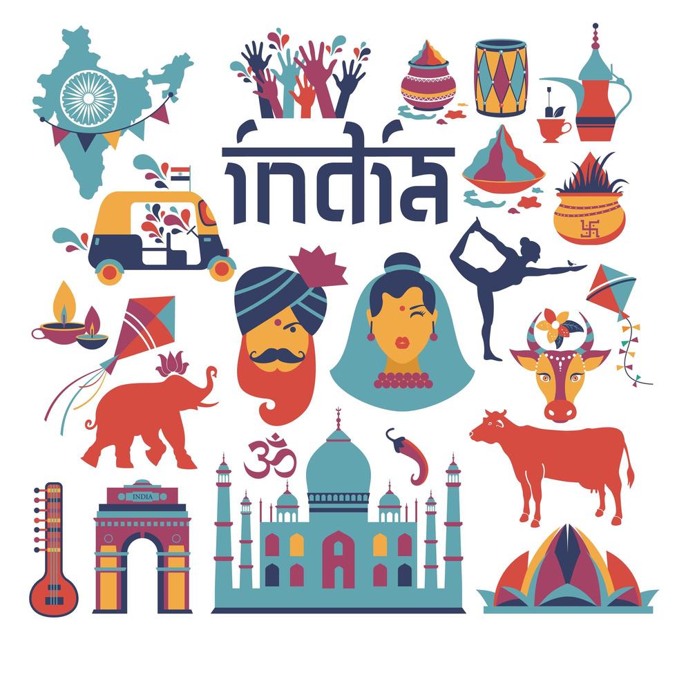arquitectura india, tradiciones asiáticas, iconos y símbolos vector