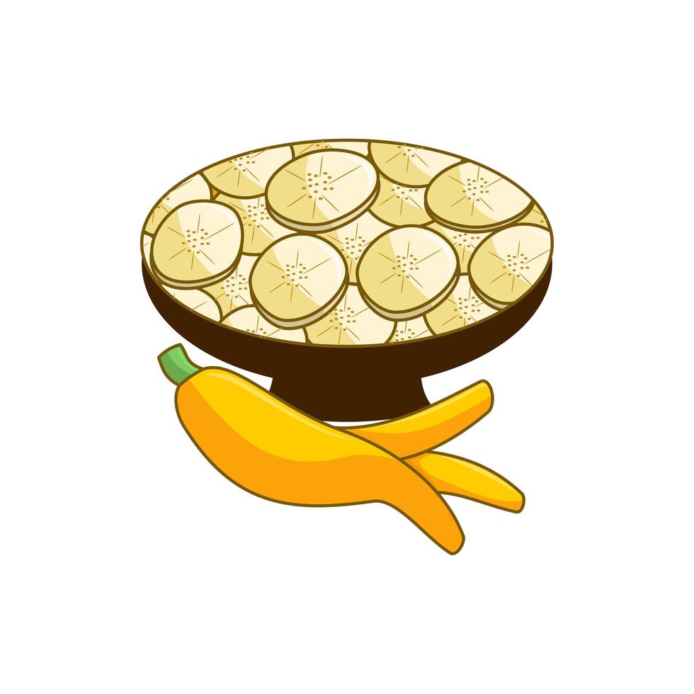 Cartoon banana peel with slices in bowl vector