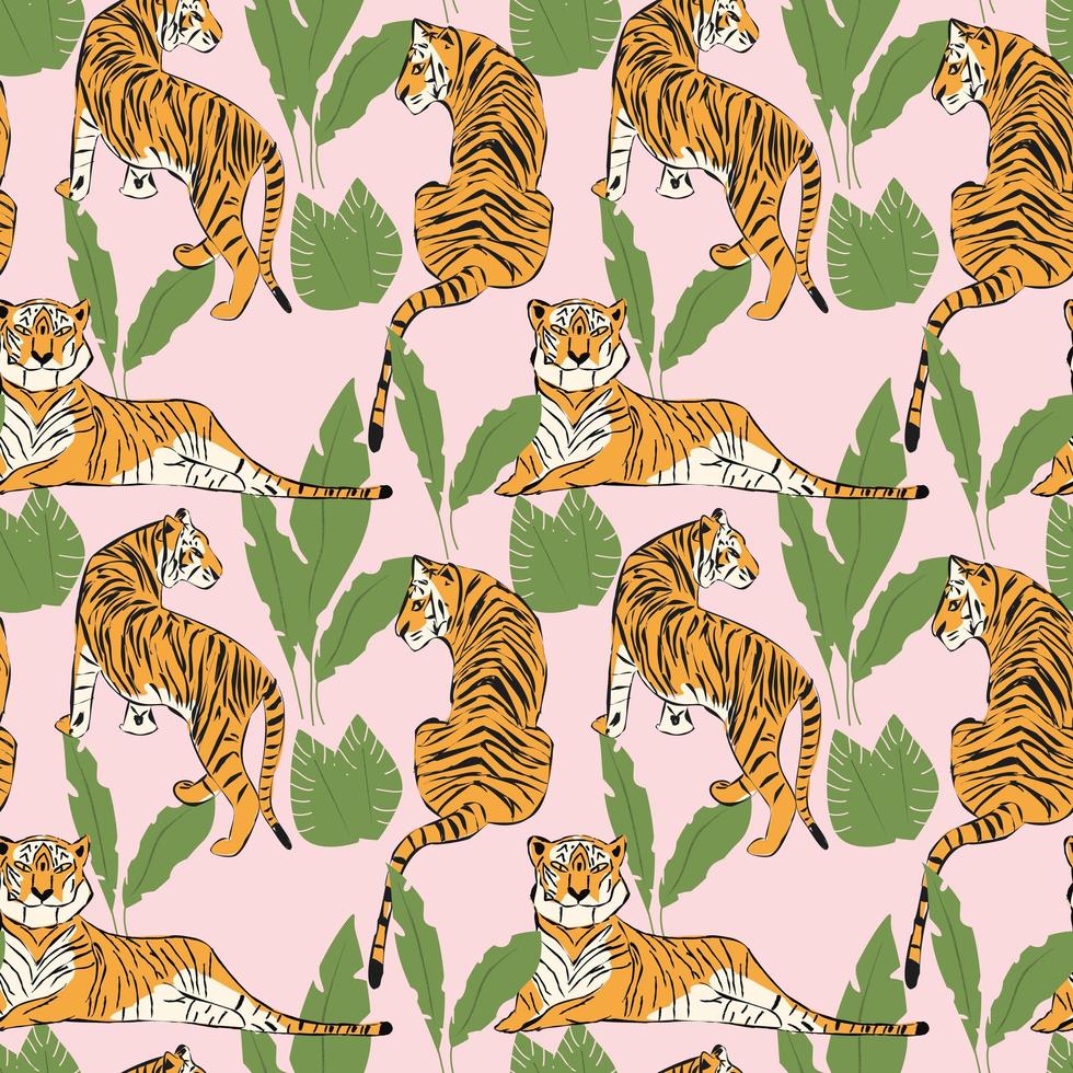 Hand drawn tiger seamless pattern vector