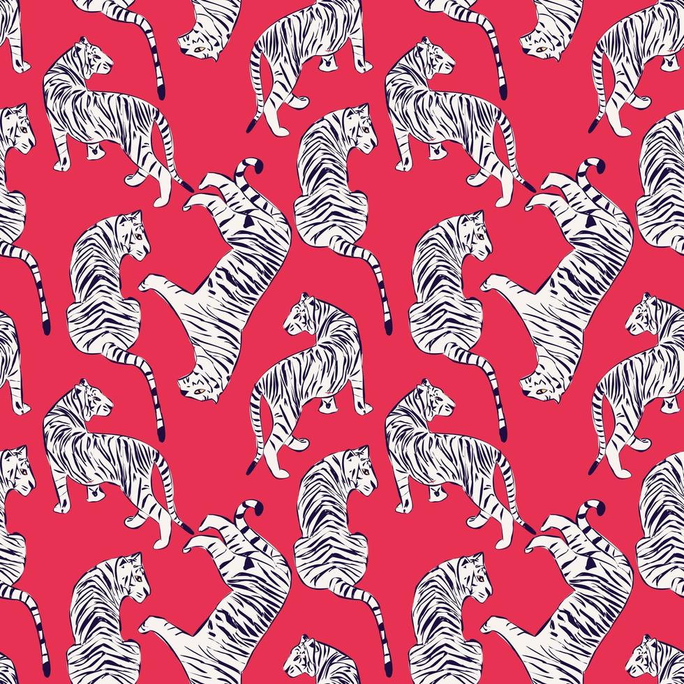 Hand drawn tiger seamless pattern on red background vector