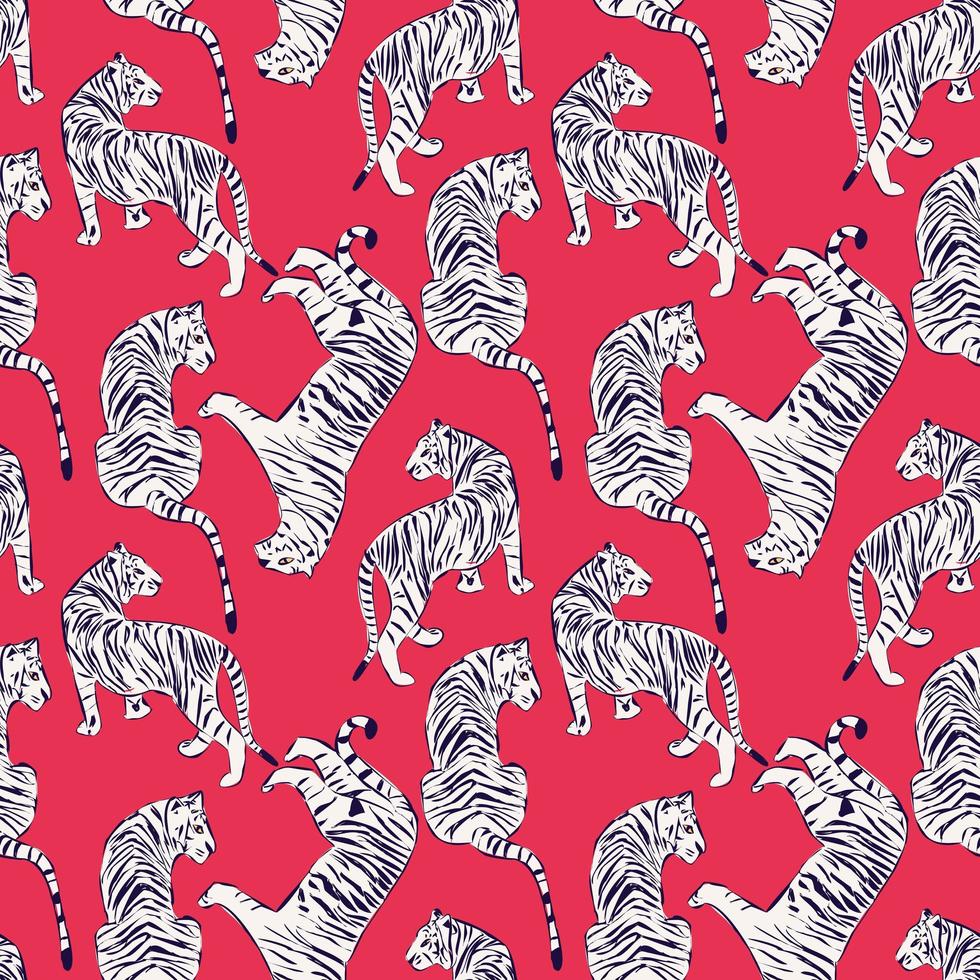 Hand drawn tiger seamless pattern on red background vector