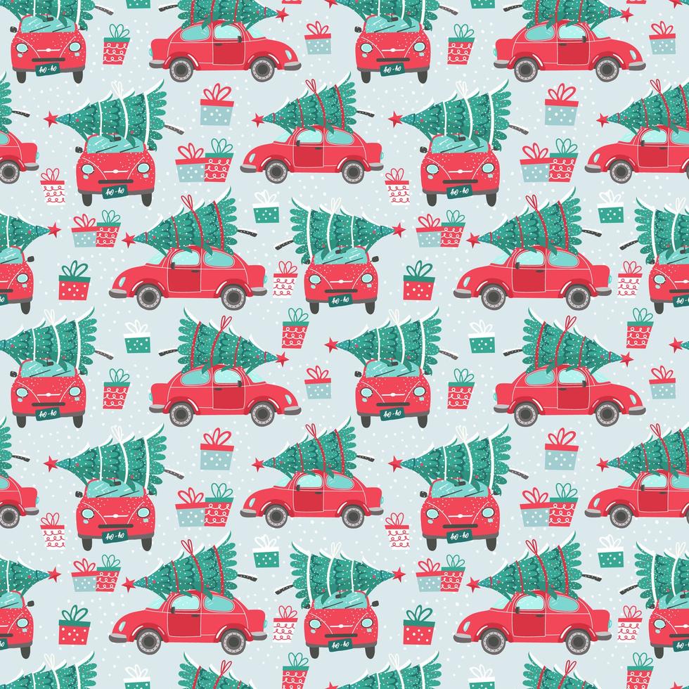 patrones sin fisuras con coches rojos y árboles de navidad vector