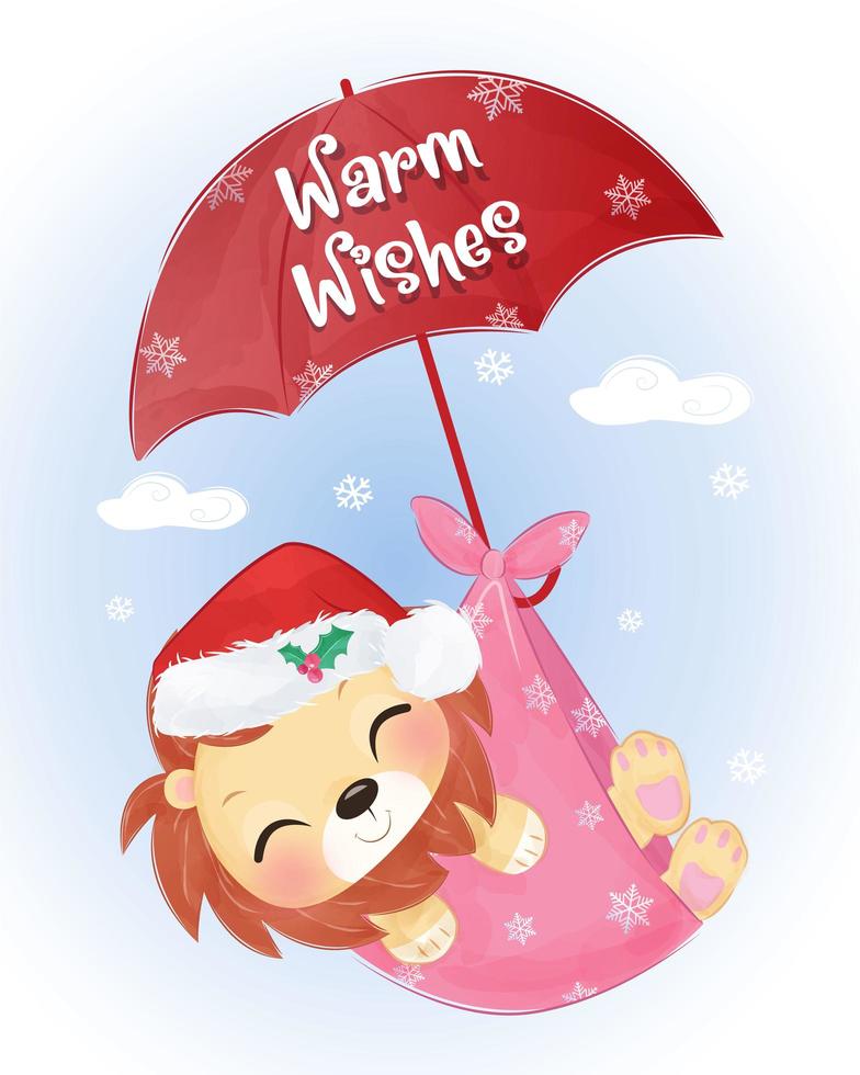 Christmas greeting card with cute baby lion vector