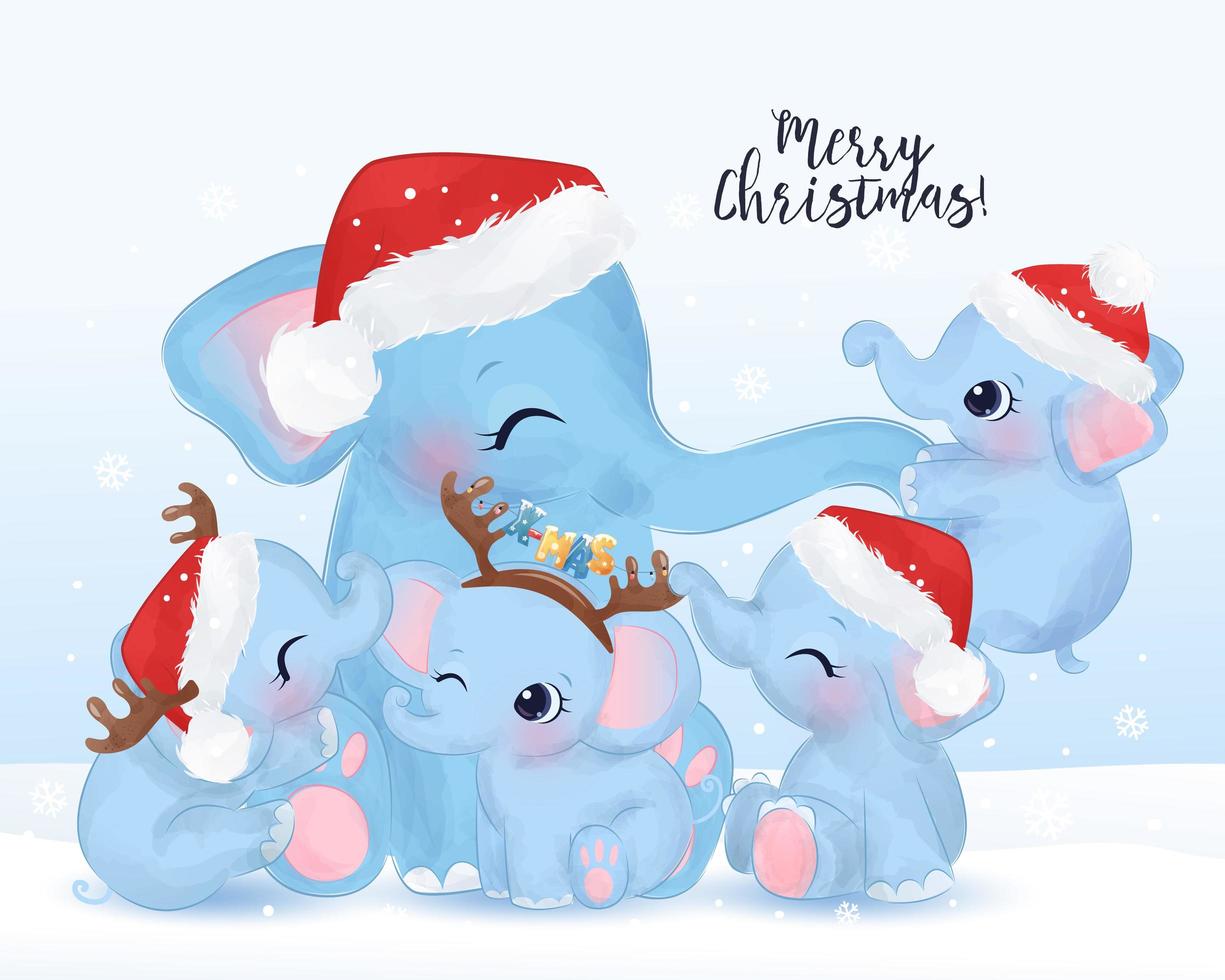 Christmas greeting card with cute elephant's family vector