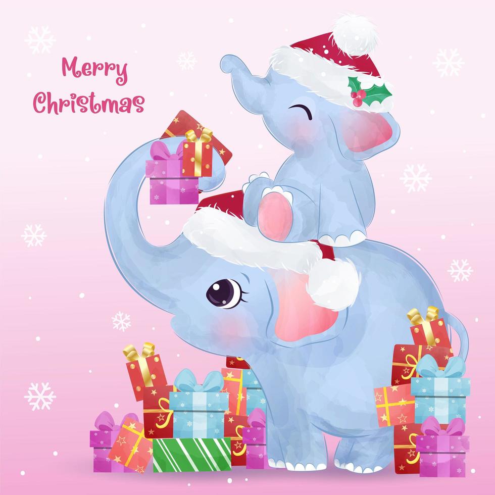 Christmas greeting card with cute mommy and baby elephant vector