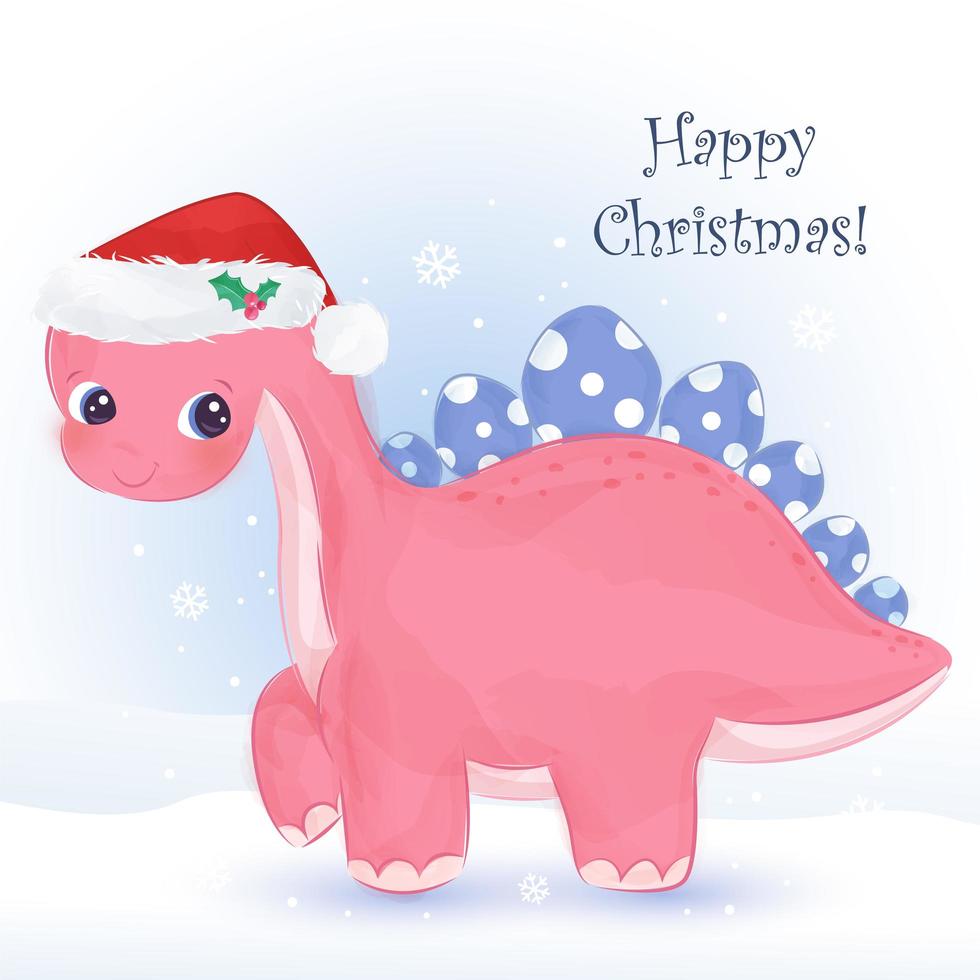 Christmas greeting card with cute pink dinosaur vector