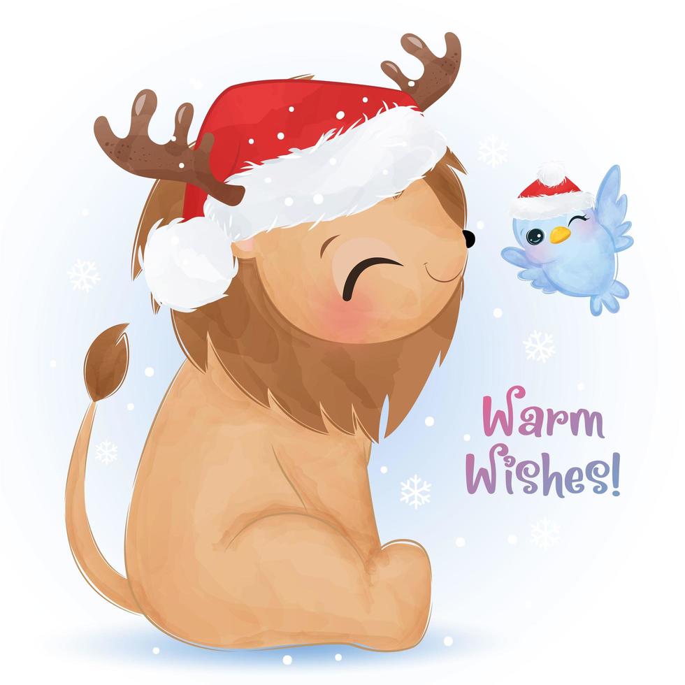 Christmas greeting card with cute lion vector